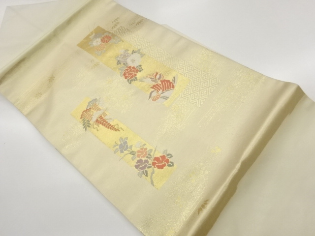 短冊に鴛鴦・花々模様織出し名古屋帯